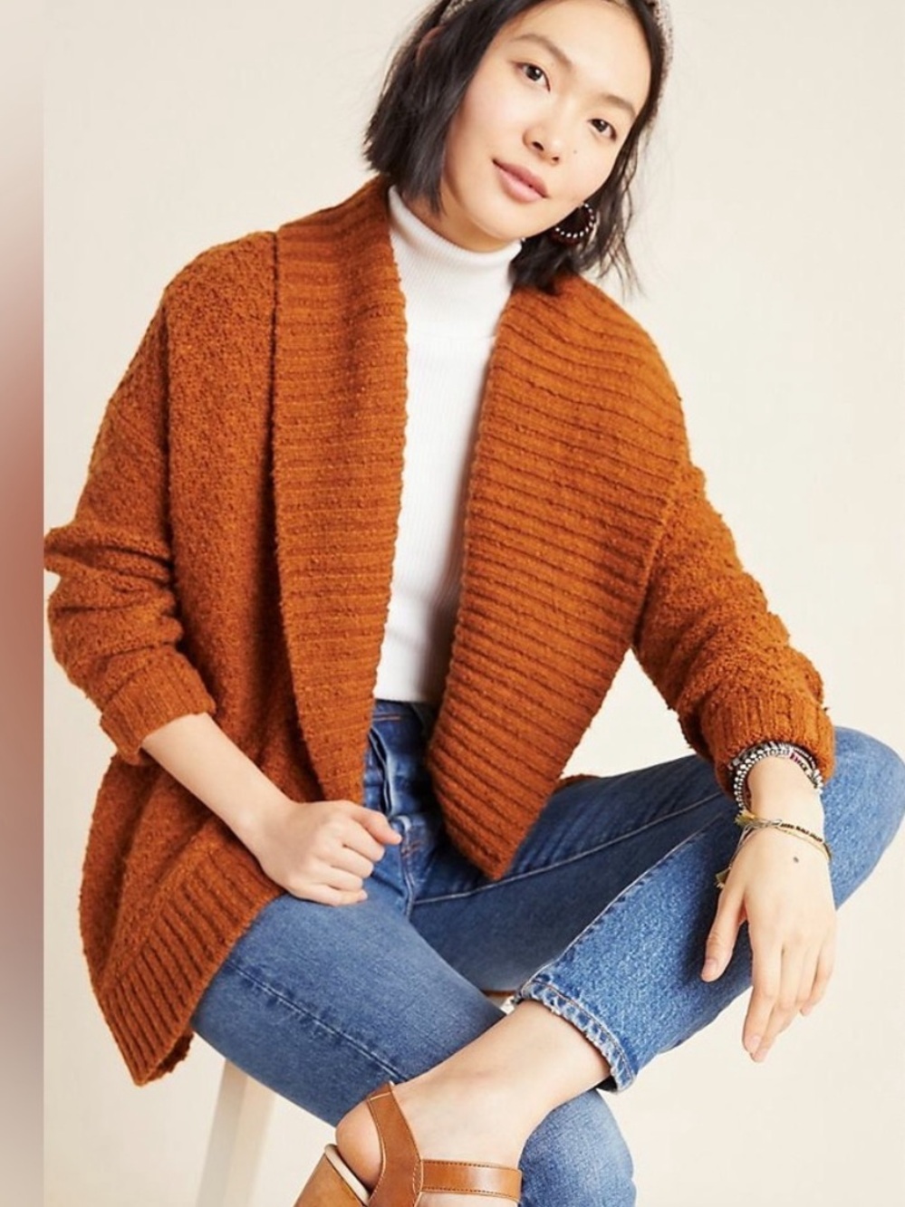 Anthropologie Cozy Rust Open-Front Ribbed Cardigan